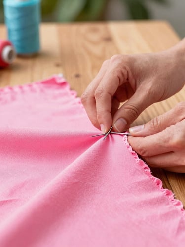 Hands of an artisan carefully cutting vibrant pink fabric on a warm wooden table, sewing needles and colorful threads visible, soft daylight