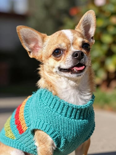 A happy small Chihuahua wearing a colorful hand-knitted turquoise sweater, looking up with bright eyes, warm sunny daylight, outdoor garden backdrop, sharp focus on fabric