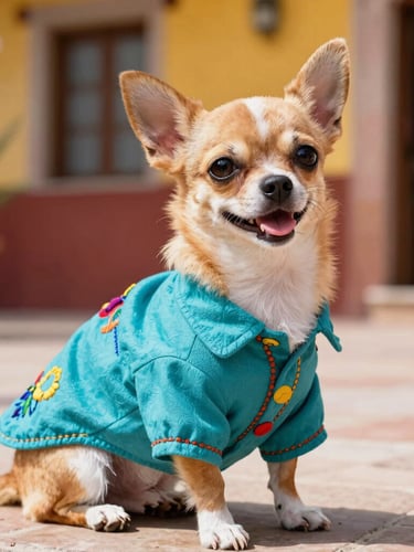 A happy small chihuahua wearing a colorful hand-stitched turquoise shirt, sitting proudly in a warm sunlit Mexican patio, 50mm lens, sharp focus on fabric texture