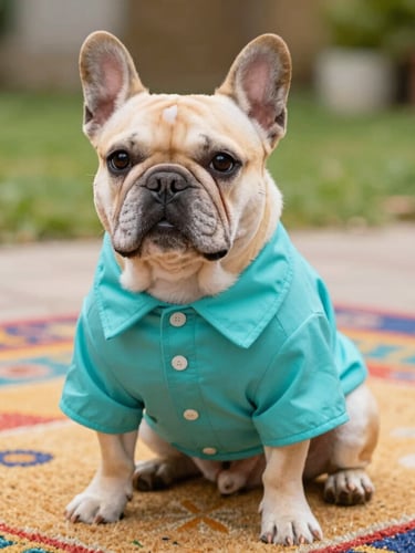 A cute french bulldog sitting proudly on a colorful rug, wearing a perfectly fitted custom-tailored turquoise shirt, warm lighting, sharp focus