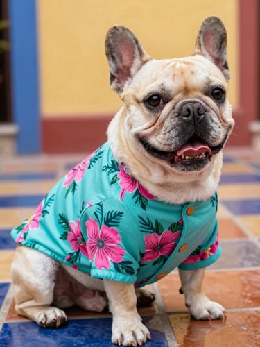 A happy French Bulldog wearing a vibrant turquoise and pink floral pet shirt, sitting proudly on a colorful tiled Mexican patio, warm natural daylight, sharp focus on fabric texture, 50mm lens