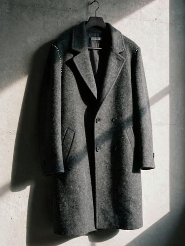 Moody editorial fashion photography, high-contrast directional window light, deep shadows. A structured charcoal wool coat hanging on a raw concrete wall, highlighting the single-needle stitching and unstructured shoulder.