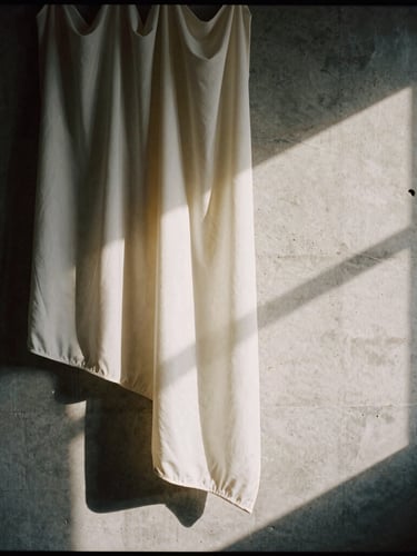 Moody editorial fashion photography of raw concrete walls and hanging raw silk fabric, high-contrast directional window light, deep shadows, desaturated neutral tones, 35mm film.
