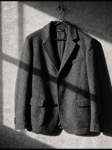 Moody editorial fashion photography, high-contrast directional window light casting deep shadows on a structural shoulder of a charcoal wool jacket hanging against a raw concrete wall, desaturated neutral tones, 35mm film.