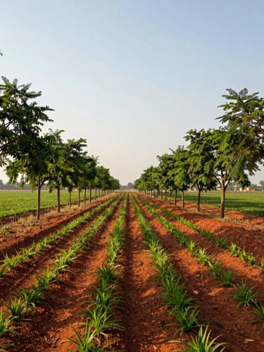 Lush green managed farmland plot near Hyderabad, neatly lined with young mahogany trees, warm morning light casting long shadows across rich red soil, wide-angle landscape shot.