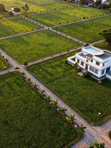 Expansive aerial drone shot of neatly demarcated, lush green gated farm plots near Shadnagar, Hyderabad. Neatly aligned sandalwood saplings line the gravel pathways, with a modern white 1BHK farmhouse visible on one plot under warm golden hour sunlight.