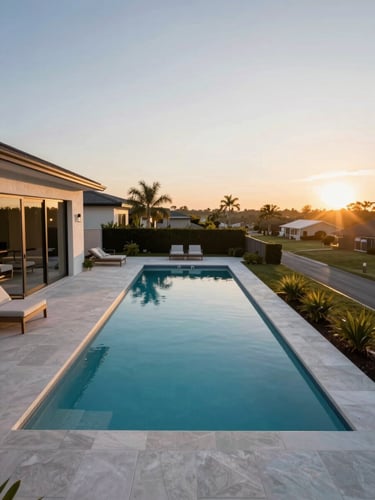 Wide aerial view of a luxury residential pool at dawn, clean geometric lines of the pool deck and still water reflecting soft golden light, modern home architecture visible to the left edge, open sky to the right, Central Florida landscape in the distance