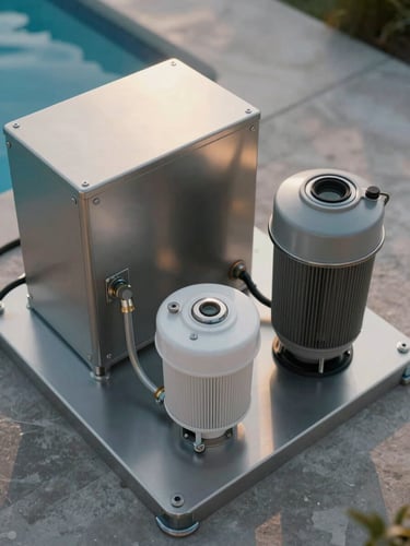 Close overhead shot of a modern pool equipment pad at dawn — pump housing, filter canister, and salt cell arranged with precision, soft natural light raking across brushed metal surfaces, no people, industrial calm