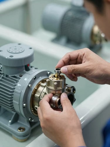 Close-up of a technician's hands inspecting a pool pump housing and valve assembly, overcast natural light, industrial surfaces, clinical and precise framing, no face visible