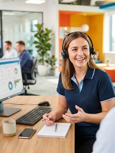 Friendly customer service representative smiling, wearing a headset, in a modern office environment, bright studio lighting, sharp focus, vibrant saturated colors.