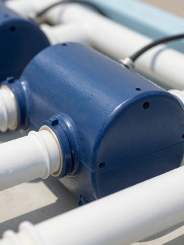 Macro shot of modern pool filtration equipment and clean pipes in a technical room, sharp focus, professional lighting