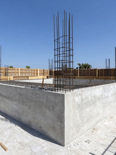 Architectural pool construction site, clean concrete formwork, steel reinforcement grids under bright midday sun, precise engineering details