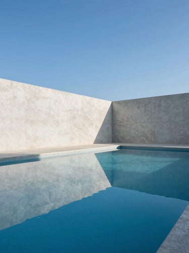 Crisp architectural photography of a minimalist concrete pool at twilight, sharp focus, reflection of clean blue water, wide-angle lens