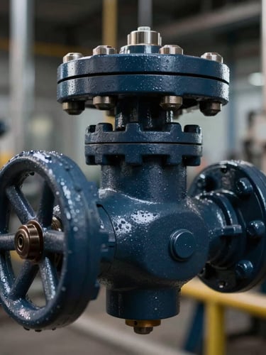 Macro close-up of a heavy-duty modulating control valve in an industrial plant, high-contrast dramatic factory lighting, deep slate and metallic tones, sharp focus, 35mm