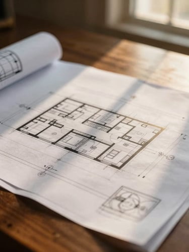 Close-up macro shot of architectural blueprints and structural planning documents on a dark oak table, warm side lighting, sharp focus on fine lines, 35mm.
