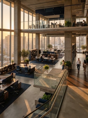 Wide-angle architectural editorial photography of a modern concrete and glass corporate office interior, warm golden-hour window light casting long shadows, sharp focus, 35mm