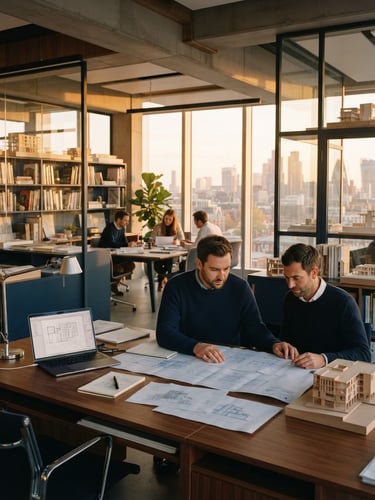 Warm editorial photography of a modern architectural office with golden-hour window light, rich navy tones, sharp focus, 35mm
