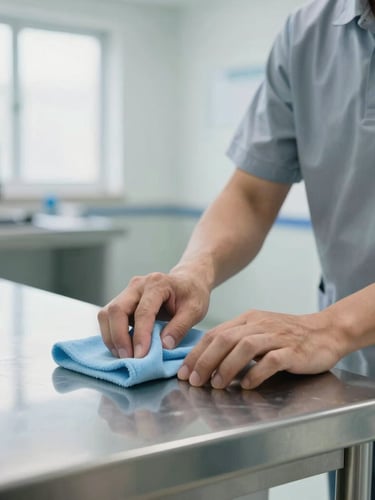 Close-up of a professional cleaner in a subtle uniform sanitizing a medical-grade stainless steel surface, crisp cool-toned indoor lighting, sharp focus.