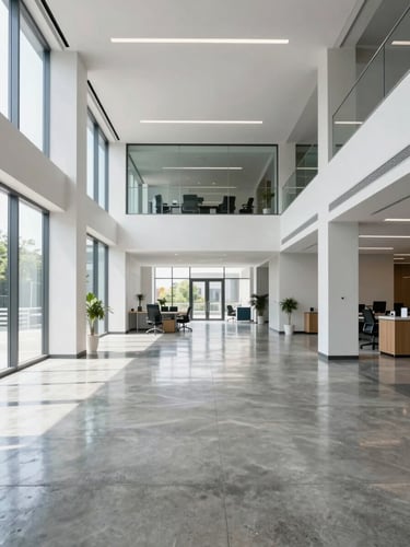 Straight-on architectural shot of a spotless modern corporate lobby, bright natural daylight reflecting off polished concrete floors, sharp focus.
