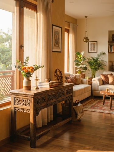 Warm editorial photography of a sunlit modern Indian living room, a hand-carved wooden console table in the foreground, golden-hour window light, soft shadows, 35mm