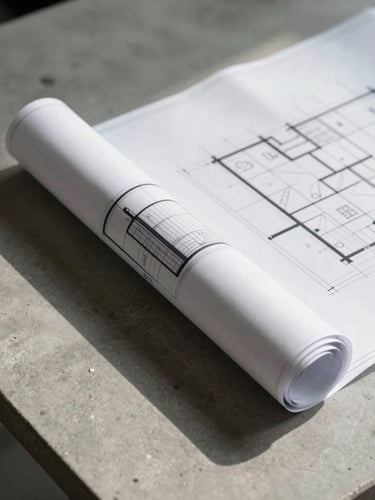 A close-up, top-down view of a stark, clean concrete desk with a single rolled architectural blueprint and sharp side-lighting casting deep shadows.