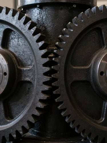 Symmetrical close-up of heavy industrial machinery gears, matte black finish, crisp side-lighting, deep shadows.
