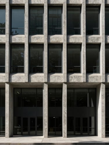 Straight-on architectural photograph of a modern concrete and steel corporate headquarters, harsh side-lighting, deep shadows, minimalist composition