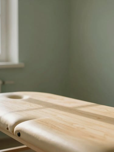 Close-up of a clinical treatment room, a clean wooden treatment table, soft natural window light casting gentle shadows on a sage green wall, minimalist and calm atmosphere