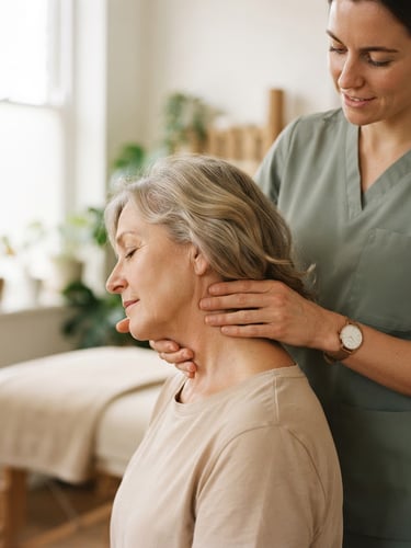 Soft warm editorial portrait of a physiotherapist's hands gently mobilizing a patient's neck joint, warm natural window light, muted sage and sand tones, shallow depth of field, 35mm