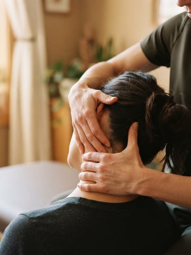 Close-up of therapist hands performing gentle joint mobilization on a neck, warm natural window light, muted earthy tones, shallow depth of field, 35mm