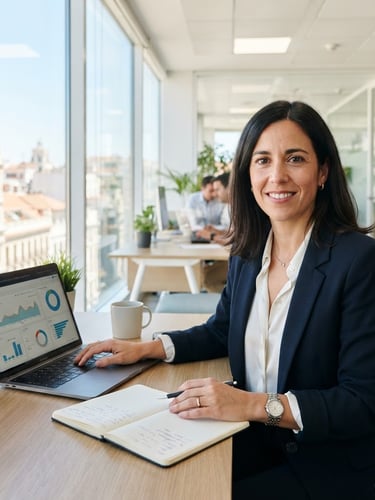 Portrait of a professional energy consultant in a bright Madrid office, high-key lighting, sharp focus, 35mm lens