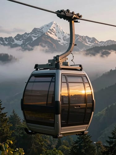 Cinematic portrait shot of a modern cable car cabin ascending toward a mist-covered Himalayan peak, golden morning light reflecting off the glass, deep green forest below.