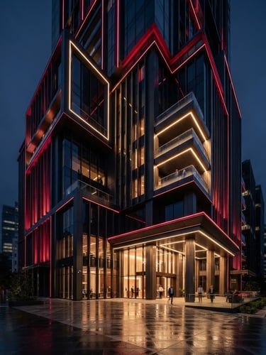 Wide shot of modern commercial building exterior with sharp architectural lighting, deep crimson and graphite tones, high-end editorial style