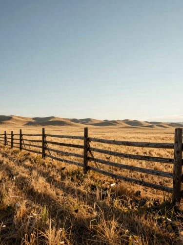 Wide-angle portrait of weathered timber fence posts stretching across a golden Wyoming prairie, low morning sun casting long shadows, soft dust in the air.