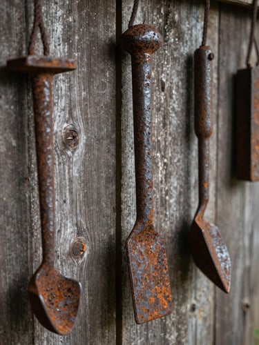 A close-up of rusted iron tools hanging on a weathered pine wall, deep shadows, authentic ranch utility