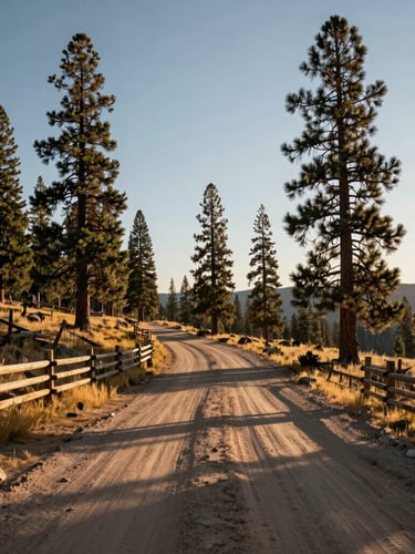 Wide environmental landscape of a dusty dirt road winding through tall ponderosa pines under low-angle golden hour Wyoming sky, rustic wooden fence line on the left, high contrast shadows