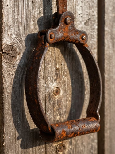 Close-up macro of weathered saddle leather and rusted iron stirrups resting against a rough pine barn wall, warm low-angle sunlight highlighting the textures.