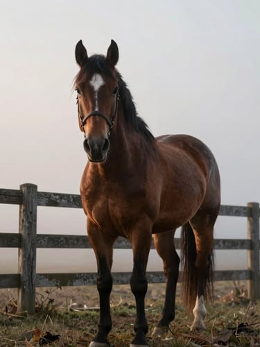 A single horse standing in pre-dawn fog, low-angle soft light catching its mane, weathered wooden fence in the background