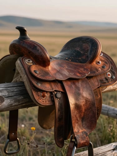 Close-up of weathered leather saddle resting on a rustic timber fence, soft morning light, sweeping Wyoming plains in the distant background.