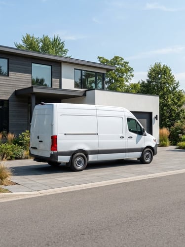 Crisp outdoor photography of a clean mobile service van parked at a modern home, bright natural daylight, sharp focus, 35mm lens