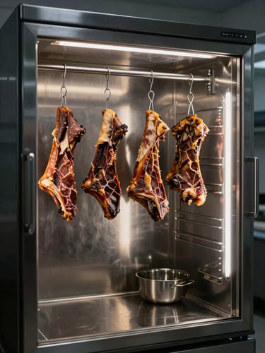 Pristine stainless steel curing room with hanging cured meats, low-key side-lighting, high contrast, clean clinical atmosphere.