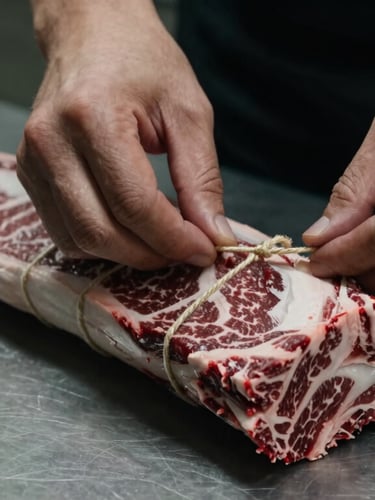 Close-up macro shot of hands tying butcher's twine around a premium cut of marbled beef on a clean stainless steel table, moody side-lighting.