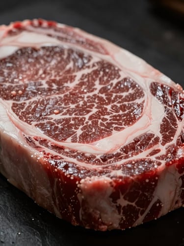 Close-up macro shot of raw beef ribeye with rich marbling, low-key directional side-lighting, high contrast, shallow depth of field, dark moody atmosphere.
