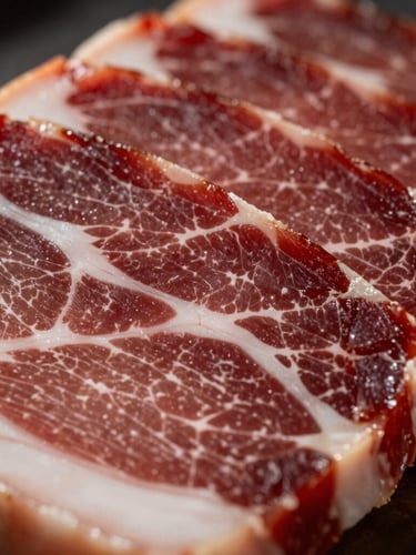 Close-up macro shot of a cured coppa being sliced, showing intense marbling, rich crimson meat, and fine white fat grain, dramatic side-lighting, shallow depth of field