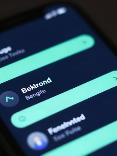 Macro shot of a high-fidelity dark mode mobile user interface displayed on a physical screen, neon blue and mint green accents, sharp details, studio lighting