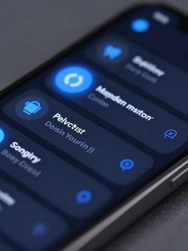 Macro shot of a high-fidelity mobile UI design on a dark screen, glowing neon blue accents, clean workspace environment, sharp focus, 35mm