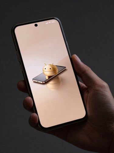 Cinematic wide shot of a hand holding a sleek bezel-less Android phone displaying a minimalist editorial layout, soft champagne gold metallic reflections, low-key side lighting, dark studio background