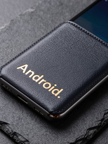 Macro close-up of a premium milled-leather phone back resting on a dark slate table, showing a high-fidelity Android screen with gold-accented typography.
