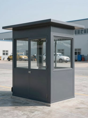 Wide environmental shot of a rugged charcoal steel security booth on a busy concrete industrial factory site, bright natural daylight, high-contrast cool tones, sharp focus.