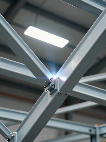 Macro close-up of structural steel welding on a cabin frame, industrial workshop lighting, high-contrast cool tones, sharp focus.